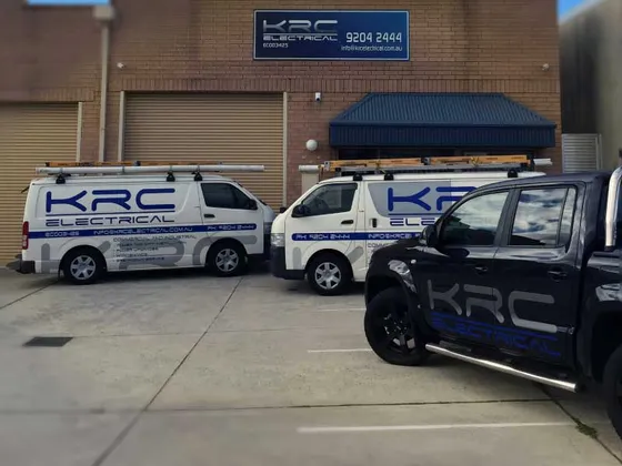 KRC Electrical's branded service vans and ute outside the Osborne Park office